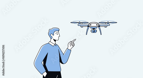 Man Pointing at a Drone Illustration on a Light Blue Background