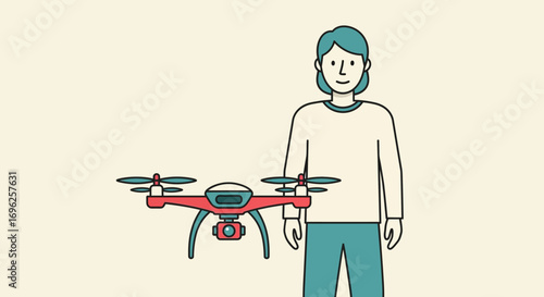 Person standing with a modern drone in a neutral background, illustration
