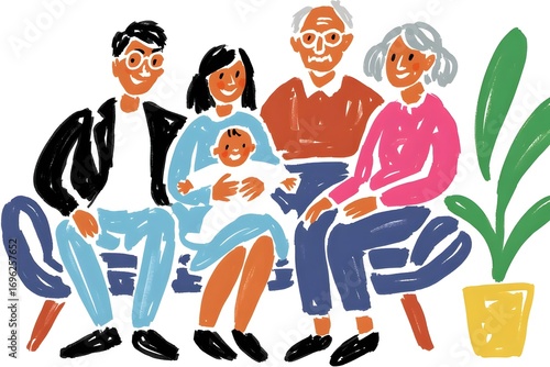 Family illustration showing three generations sitting together with a potted plant beside them
