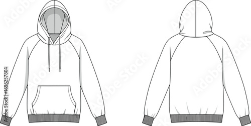 Hoodie flat sketch, front and back view, casual sweatshirt design, fashion illustration, vector garment template, cozy pullover, streetwear apparel, hooded sweatshirt, comfortable outfit.