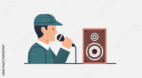 Illustration of a man in a cap speaking into a microphone next to a speaker