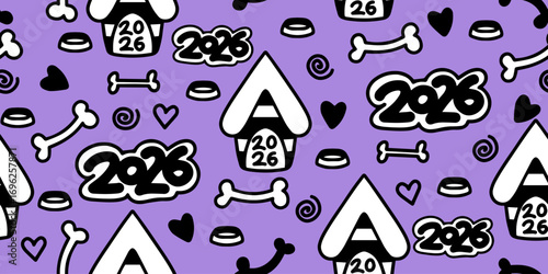 Dog Bone Vector, dog paw pattern, seamless pattern with new year 2026 concept. Packaging paper design, pet food accessory packaging.