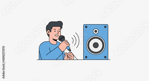 A Man Singing Into a Microphone Next to a Speaker, Illustration