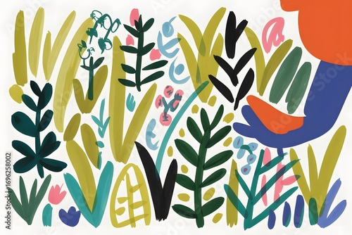 Abstract garden scene with bird and plants in bright colors with a white background is shown