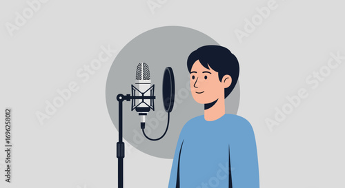 Man recording audio in a studio, podcasting concept with a microphone and equipment