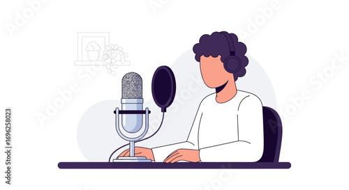 Flat vector illustration of a podcaster or streamer speaking into a professional microphone, concept of digital content creation