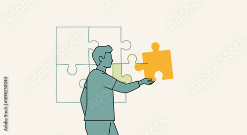 Visual representation of a person thoughtfully placing a key puzzle piece, symbolizing strategic problem-solving, collaboration, and finding integrated solutions for complex challenges