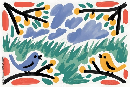 Birds in nature illustration with branches clouds and grass in a colorful and playful style