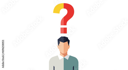 Conceptual illustration of a person facing a dilemma, represented by a prominent question mark hovering over their head, highlighting themes of choice and introspection in a modern, flat design style
