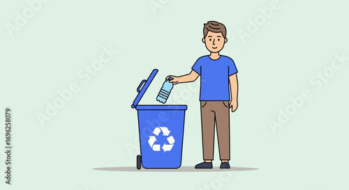Young man responsibly disposing of a plastic bottle into a blue recycling container, illustrating environmental consciousness and proper waste sorting