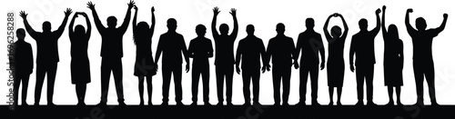 Silhouettes of people cheering, group celebration pose, unity concept, standing crowd, team support, happy community, raised hands, togetherness illustration, human figures, crowd silhouette art.