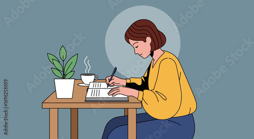 Flat Design Illustration of Focused Person Writing