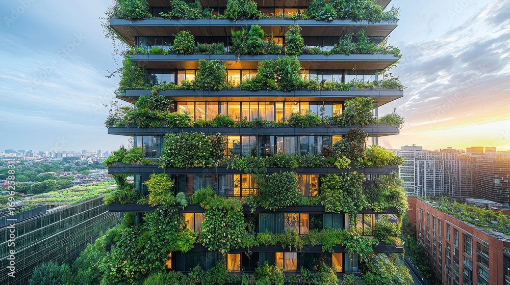 Obraz premium Lush greenery covers a modern high-rise building at sunset