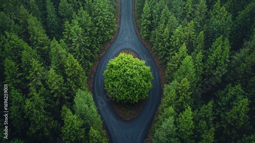 Aerial view of a road splitting around a lone tree in a lush forest