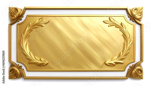 A decorative, golden plaque with ornate leaf detailing, set within a white frame, exudes elegance and sophistication.