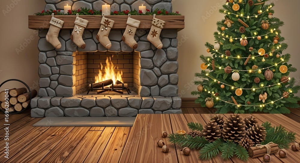 Obraz premium Cozy holiday setting with a fireplace, decorated tree, and festive ornaments in a warm living room