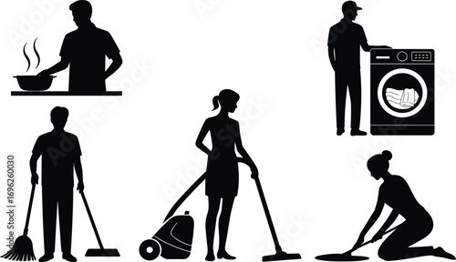 Silhouettes of men and women performing household chores, cooking, sweeping, vacuuming, washing clothes, cleaning floors, domestic tasks, home maintenance, black figures.