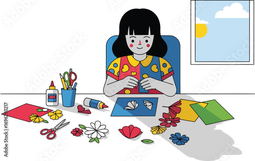 Creative young girl making colorful paper flowers at her desk.
