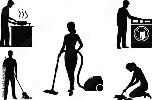 Silhouettes of people doing household chores, cooking, vacuuming, washing clothes, mopping, cleaning, domestic tasks, home activities, black figures on white background.