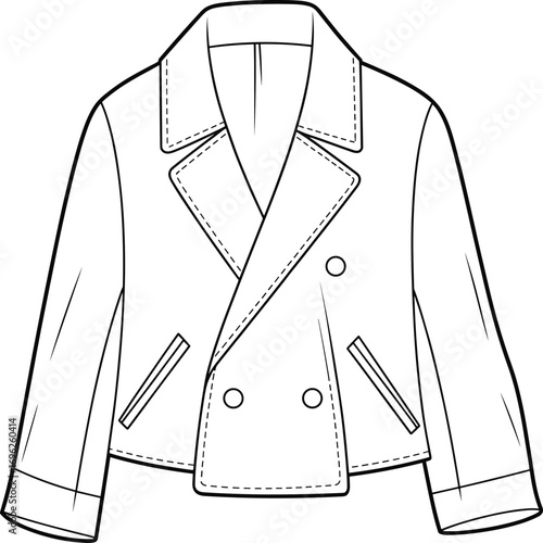 Double breasted cropped jacket flat sketch, fashion coat vector design, outerwear CAD drawing, stylish apparel template for technical illustration