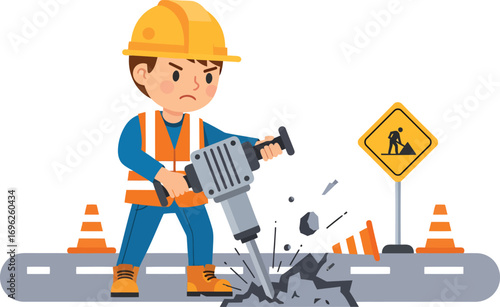 Determined construction worker breaking asphalt with a jackhammer.