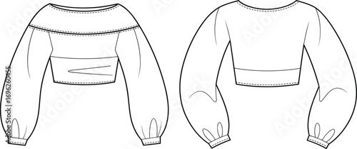 Fashion flat sketch of women's off shoulder crop top with puff sleeves, vector cad drawing, stylish blouse front back view
