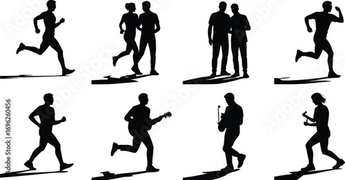 Silhouettes of people running, jogging, walking, playing guitar, holding microphones, exercising, 