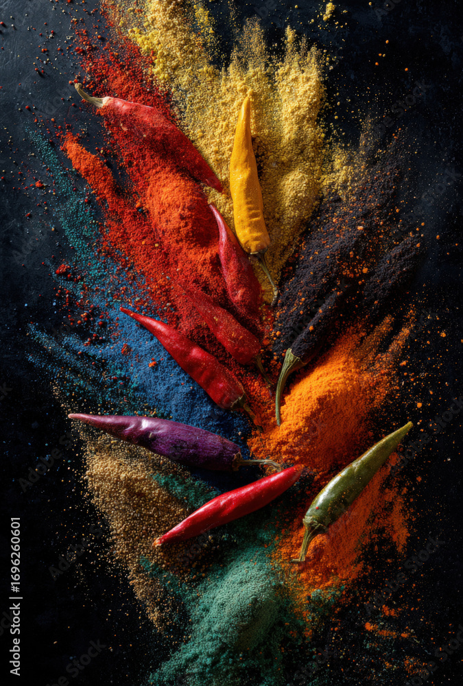Naklejka premium a dynamic explosion of colorful spices, with chili peppers and black cumin powder suspended in the air against a dark background