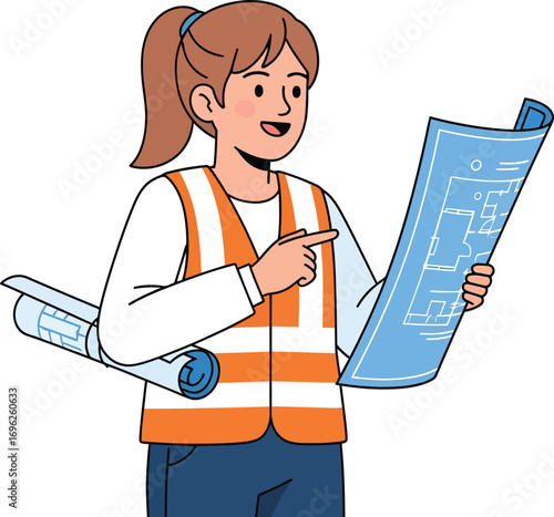 Female Engineer Examining Architectural Blueprints Illustration.