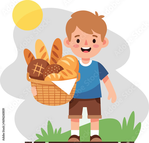Happy cartoon boy holding a wicker basket of fresh bread.