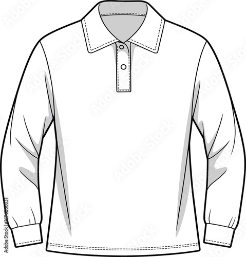 Long sleeve polo shirt flat sketch, collar button top fashion vector, CAD technical drawing, apparel template for menswear design