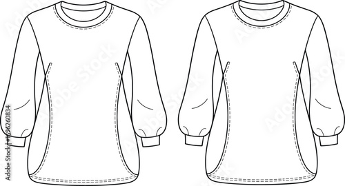Long sleeve tunic top flat sketch, girls puff sleeve sweatshirt design, fashion CAD drawing, vector apparel illustration template