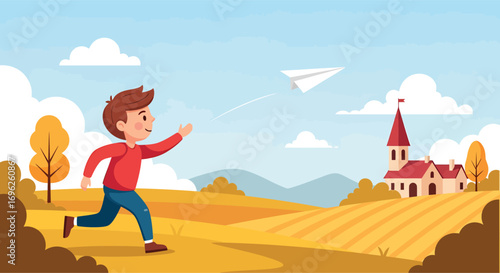 Happy cartoon boy running and launching a paper airplane.