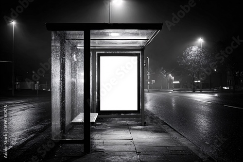 Modern Bus Stop Shelter at Night on Wet City Street with Reflections