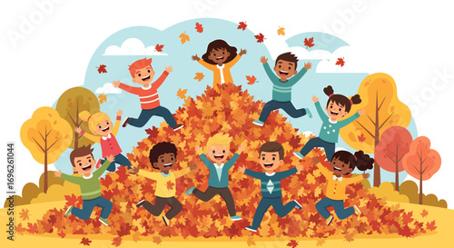 Happy diverse children jumping and playing in a pile of autumn leaves.