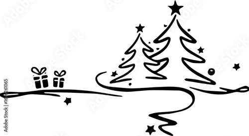 christmas tree with gifts,Xmas tree ornate,line art christmas tree