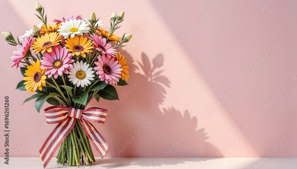 Obraz premium Colorful bouquet of daisies with a ribbon against a pastel pink background and soft shadows