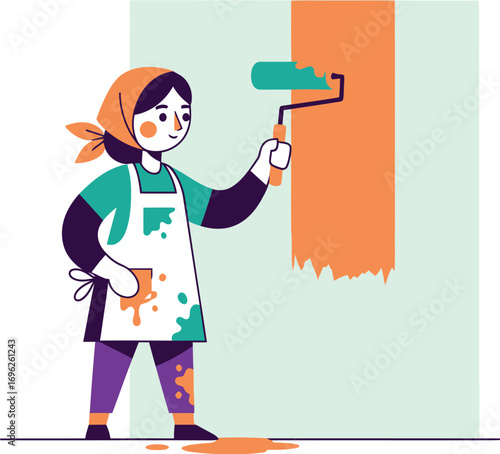 Illustrated woman in a headscarf and apron painting a wall.