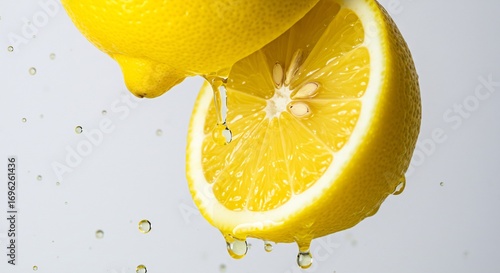 輝くレモン、瑞々しい果汁滴る 爽やか写真. AI Generated