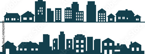 Urban and suburban cityscape silhouette, modern buildings and houses skyline, real estate development, residential and commercial architecture background illustration