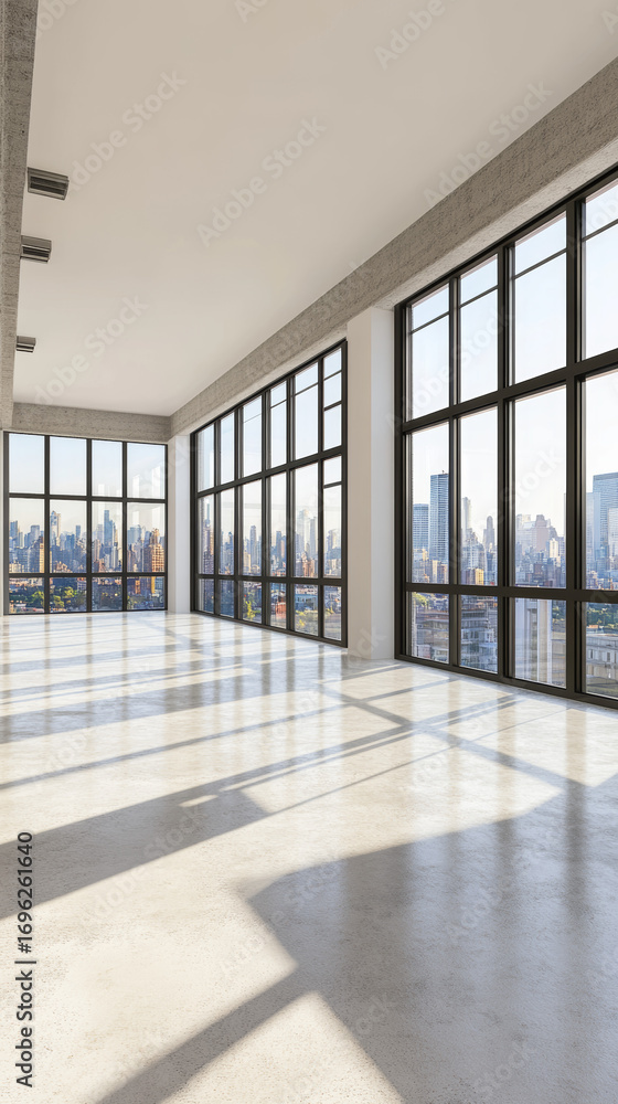 Obraz premium Spacious, empty room with large windows offers stunning city skyline views. Bright daylight illuminates the concrete floor, creating abstract shadows.