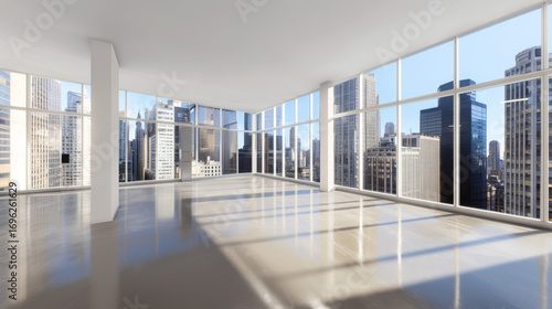 Spacious  modern office interior with panoramic city views and bright natural light. Empty room with large windows  clean walls perfect for new beginnings.