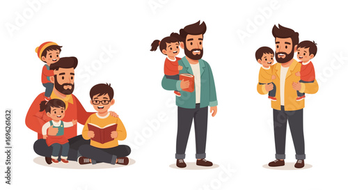 Three fathers with children, diverse poses, family moments.