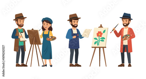 Four artists painting, showcasing diverse styles and techniques at easels.