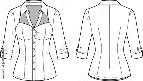 Women’s button-up shirt with three-quarter sleeves, fitted waist, sweetheart neckline, fashion flat sketch, front and back technical garment illustration