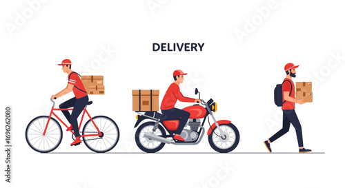 Illustration of three delivery men: one on a bicycle, one on a motorcycle, and one walking, all carrying packages.