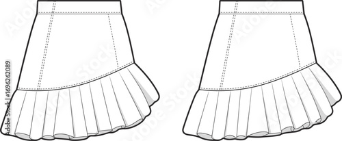Women’s asymmetrical pleated skirt, flared hem, high waist, fashion flat sketch, front and back technical garment illustration design