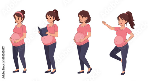 Four pregnant women depicted in various activities, showcasing different stages of pregnancy.