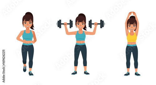 A woman performing a series of fitness exercises, including a run, dumbbell lift, and arm stretch.