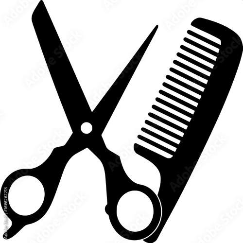 Vintage-inspired barber scissors and comb silhouette, with modern minimal twists, elegant black vector, logo-ready.